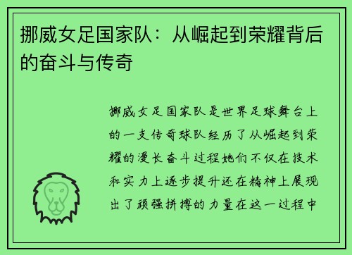 挪威女足国家队：从崛起到荣耀背后的奋斗与传奇